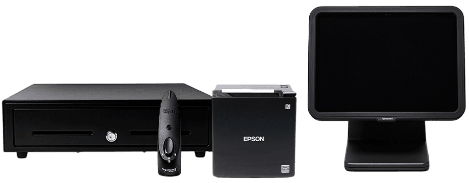 Lightspeed iPad-based POS hardware with stand, scanner, and receipt printer