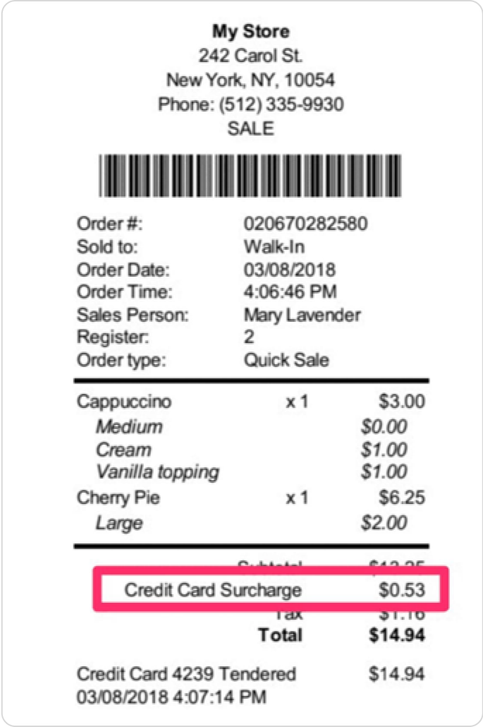 Credit Card Receipt Highlighting Surcharge